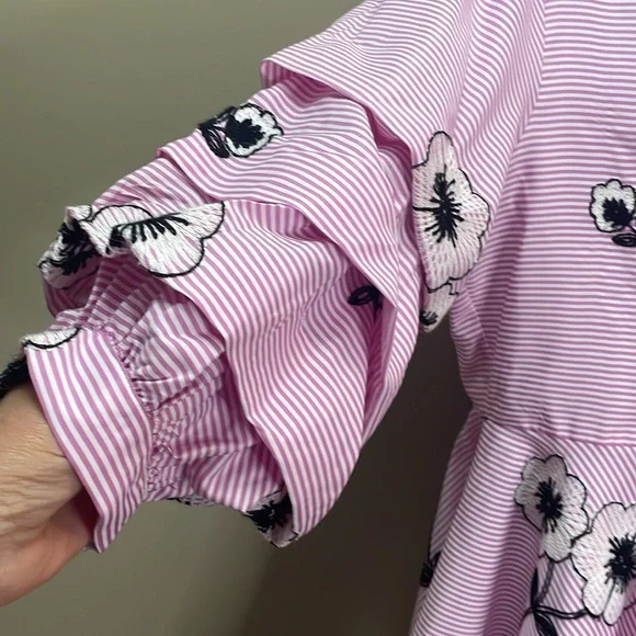 Gracia pink & white striped embroidered asymmetrical top Sz L - Picture 3 of 5